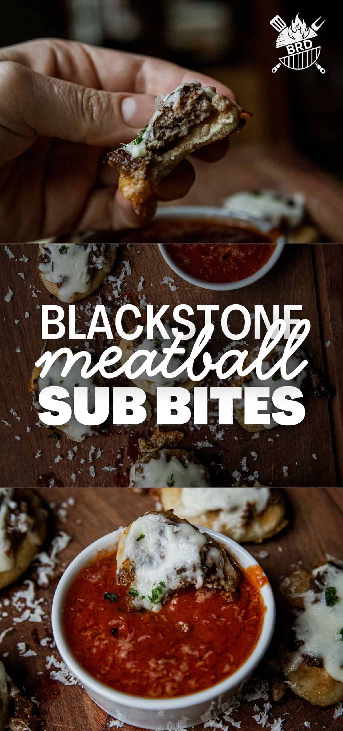 Close-up of mini meatball sub bites with melted cheese and marinara sauce.